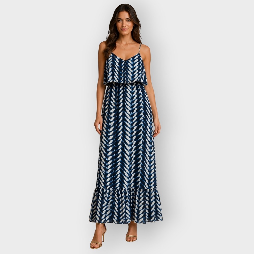 Maggy London Blue White Chevron Tiered Ruffle Maxi Dress Size 2